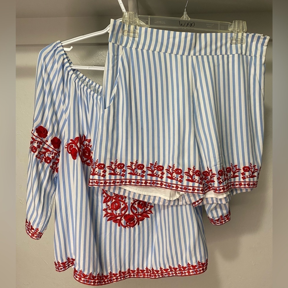 Gianni Bini Striped Floral Embroidered Off Shoulder Top and Short Set M/S